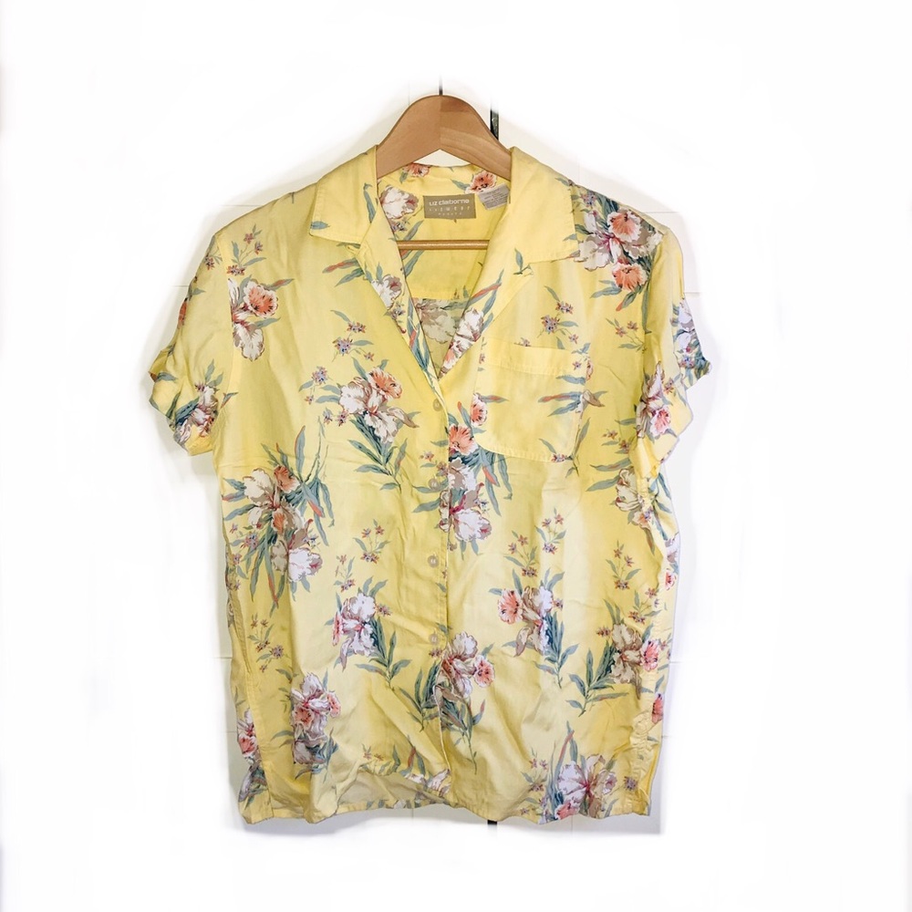 Liz Claiborne vintage yellow Hawaiian rayon button up blouse